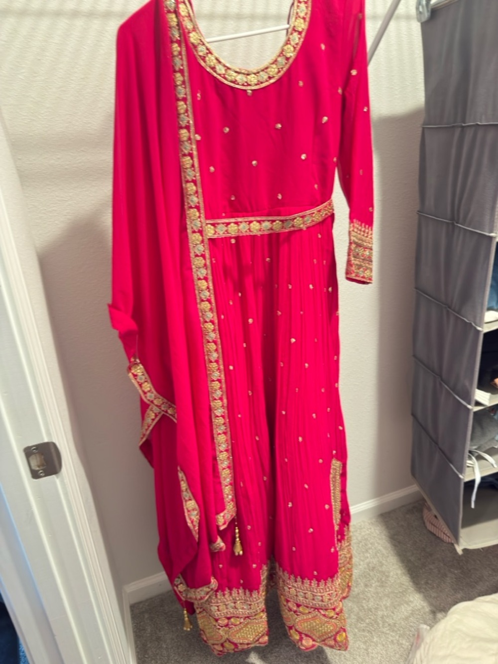 Red Embellished Anarkali Dress with Gold Trim